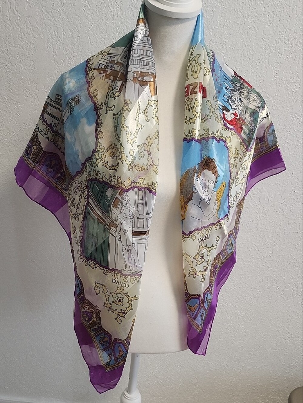 Italian Map Purple-Trim Baroque Angel Print Silk-Feel Scarf